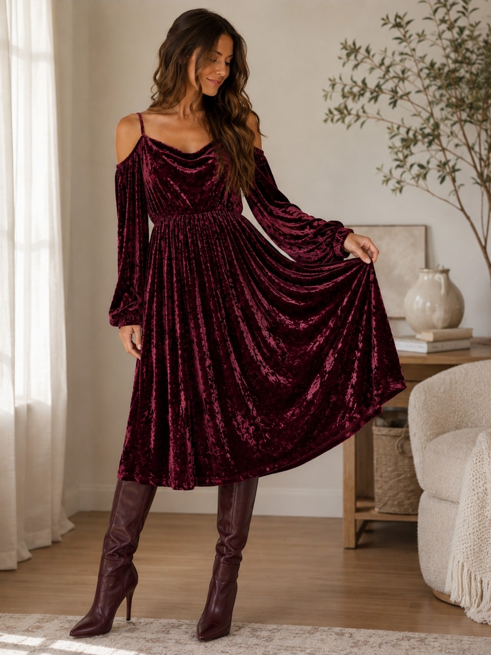 Bloomchic Burgundy Crushed Velvet Cold Shoulder Midi Dress NWT Size 10